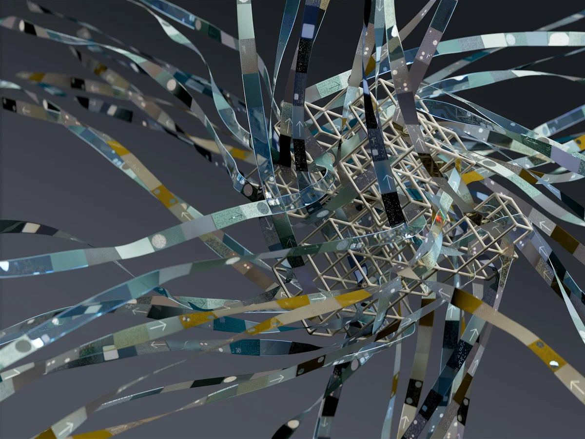 Opus, Sonnet y Haiku: cómo elegir modelo de IA según la tare... — Intricate wireframe with dynamic ribbons in an abstract 3D composition.